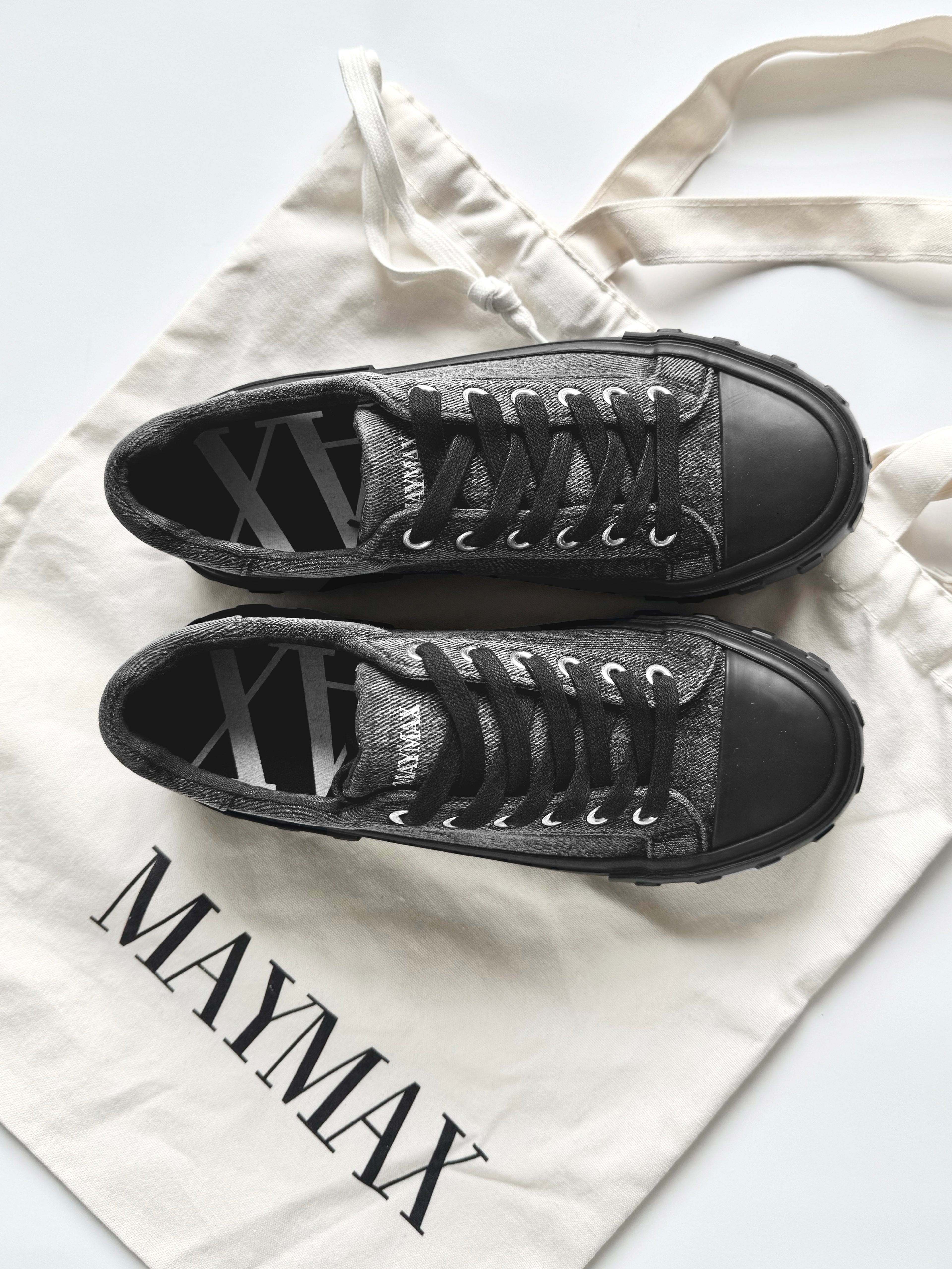 MayMax Black Denim Sneaker pair — versatile black women's sneakers