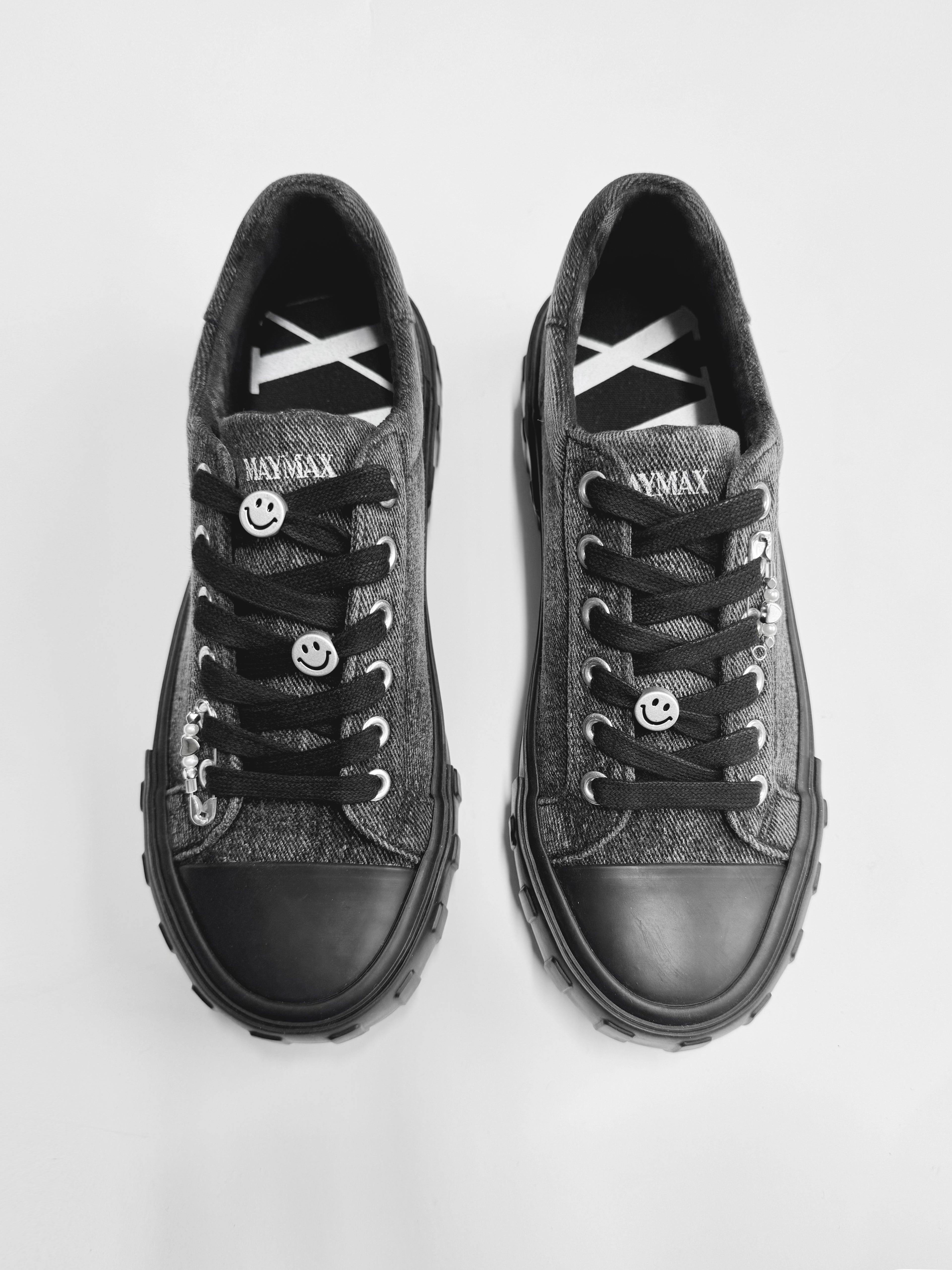 Top view of MayMax Black Denim Sneaker showing black denim upper
