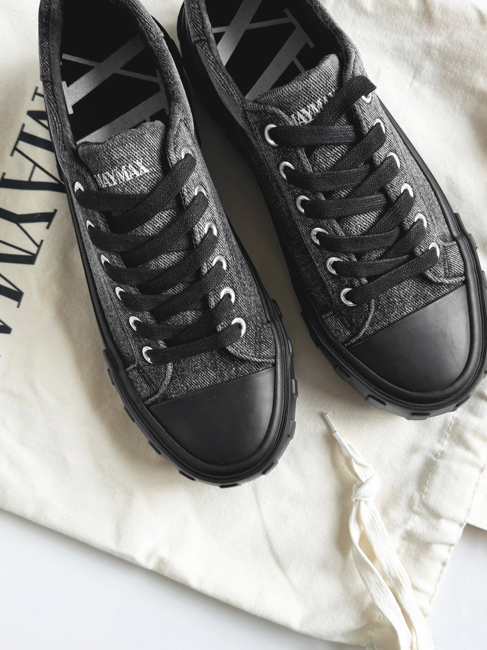 MayMax Black Denim Sneaker — black denim low-top women's casual sneaker