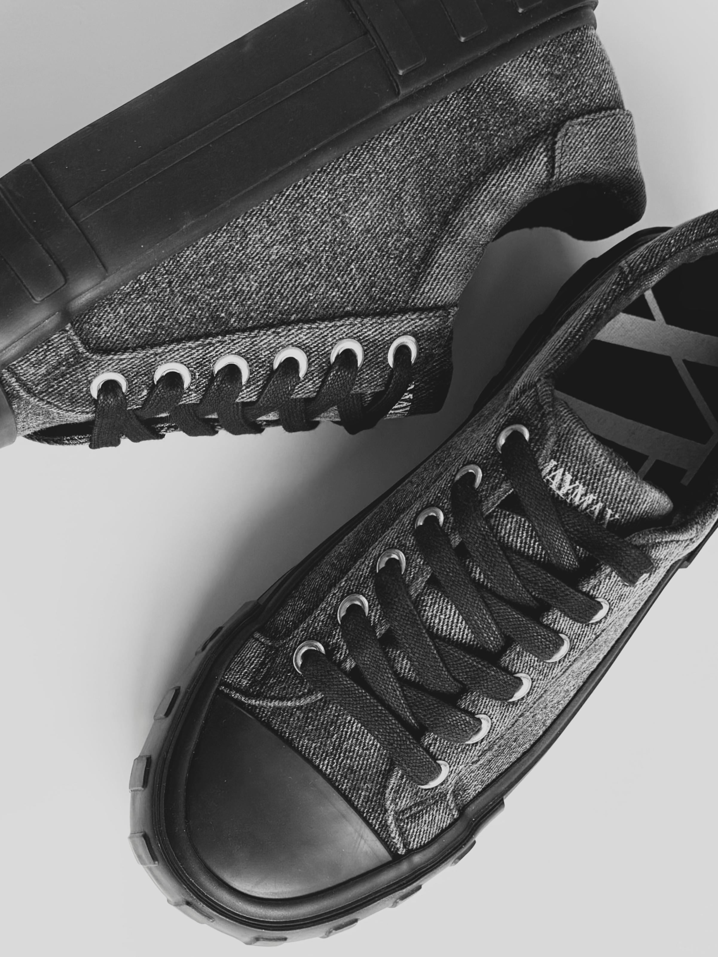Close-up of MayMax Black Denim Sneaker denim texture and lacing