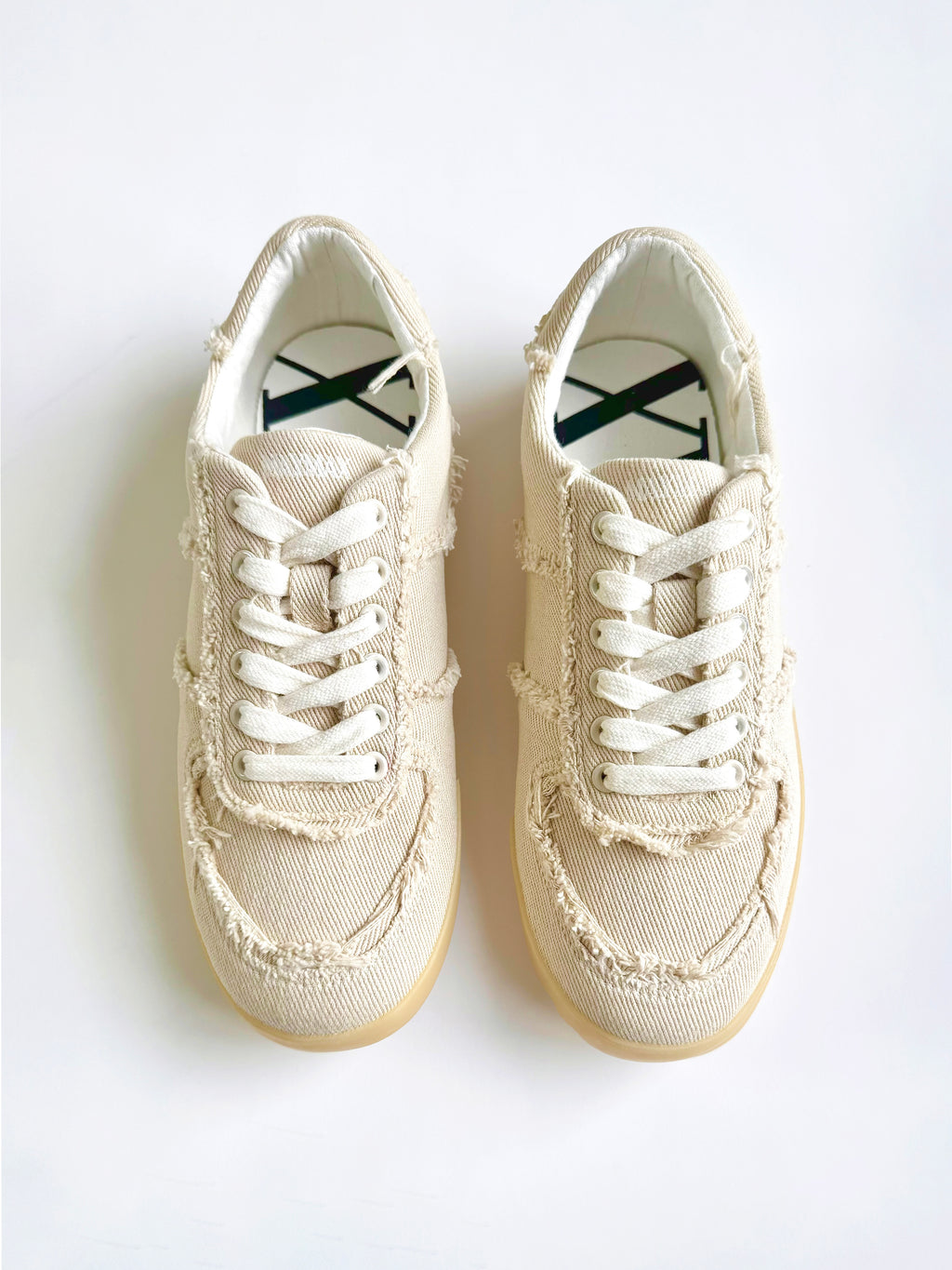 Top view of MayMax Frayed Edge Canvas Sneaker showing frayed-edge canvas detail