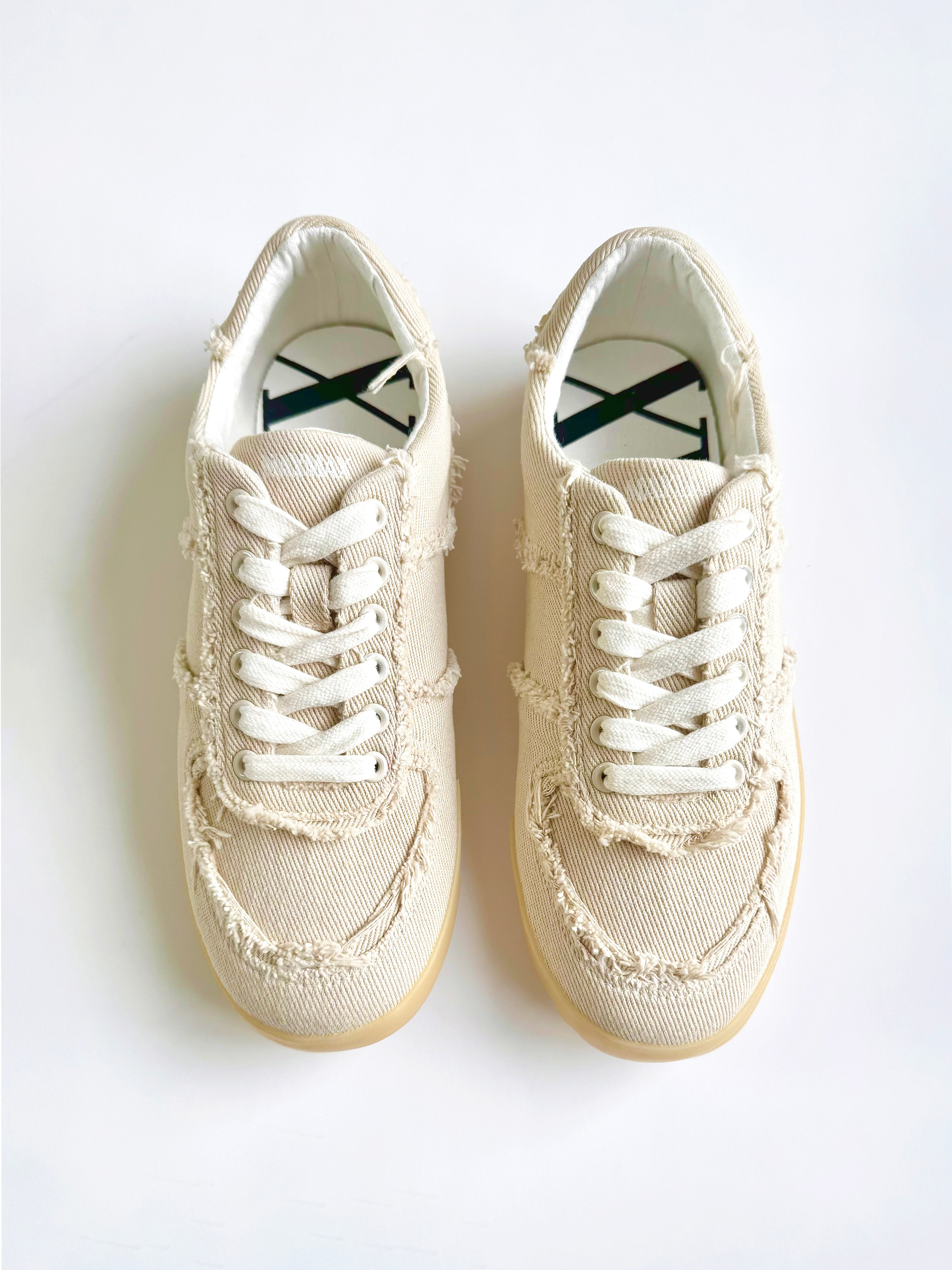 Top view of MayMax Frayed Edge Canvas Sneaker showing frayed-edge canvas detail