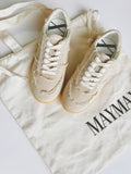 MayMax Frayed Edge Canvas Sneaker in cream with frayed edges and gum sole