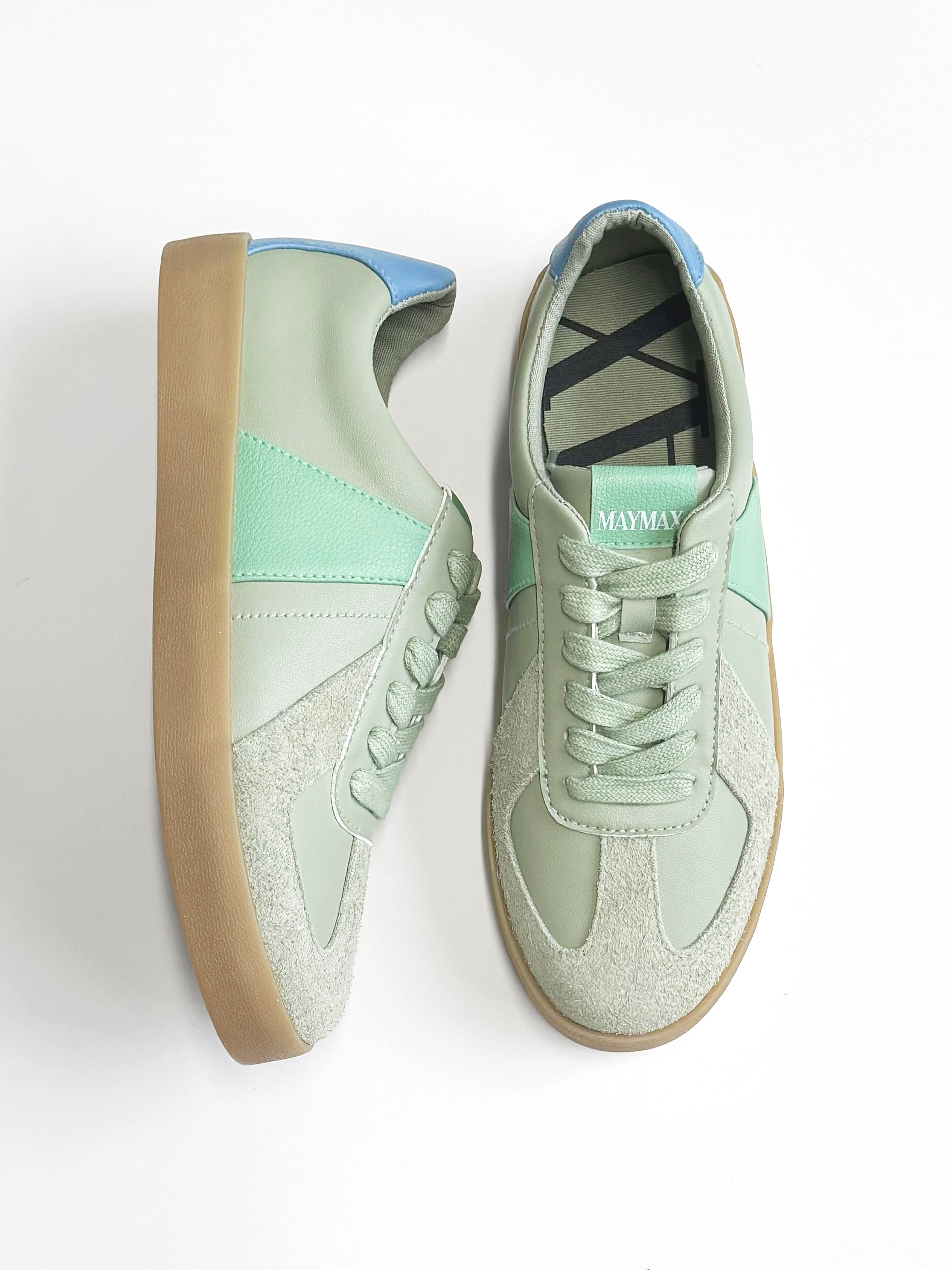 Side view of MayMax Mint Retro Sneaker with gum rubber sole and blue heel tab