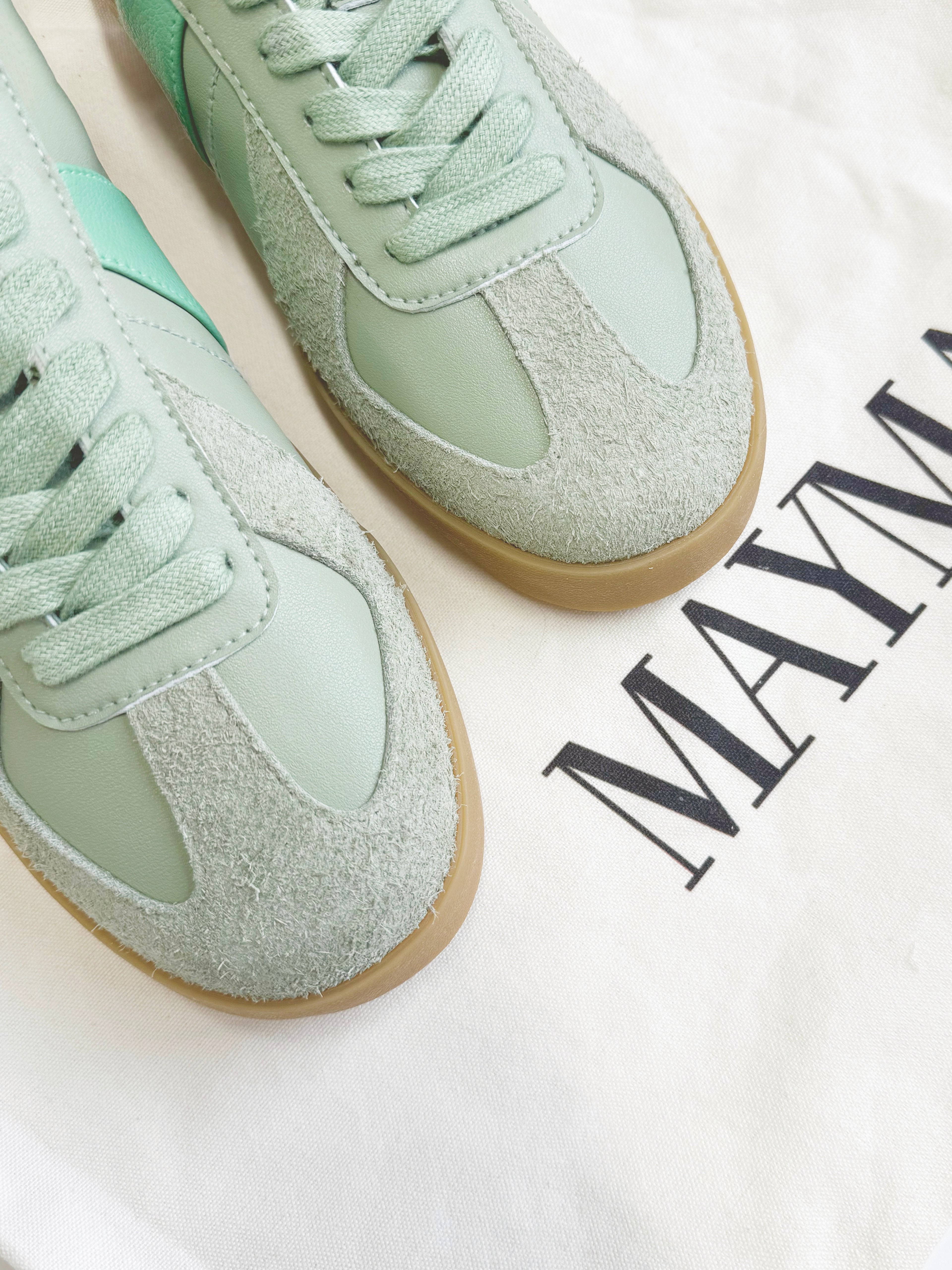 Close-up of MayMax Mint Retro Sneaker suede toe and lace detail