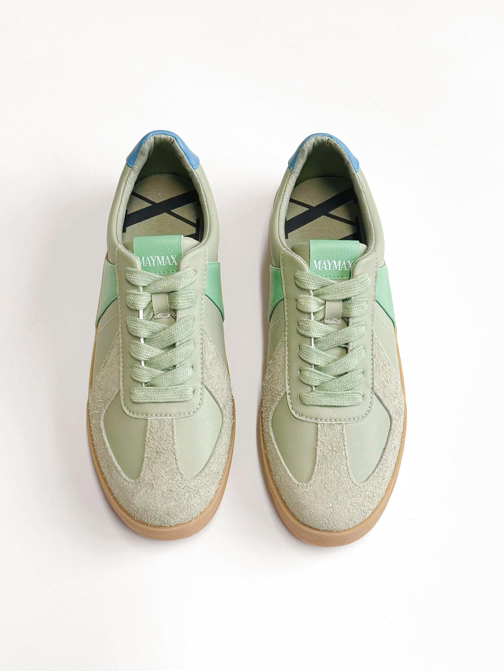Top view of MayMax Mint Retro Sneaker showing mint green leather and suede detailing