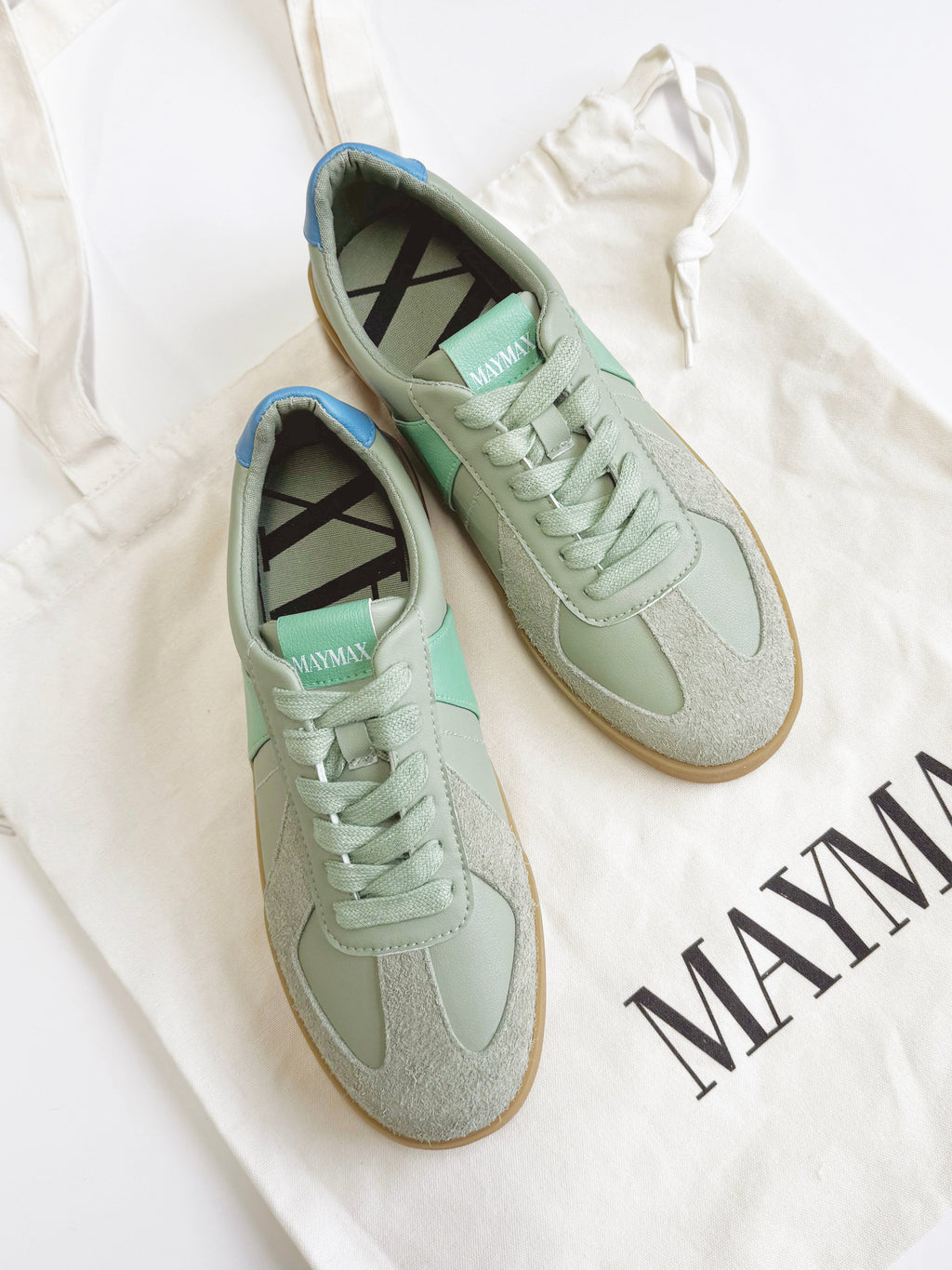 MayMax Mint Retro Sneaker in soft mint green with gum sole — women's low-profile retro sneaker