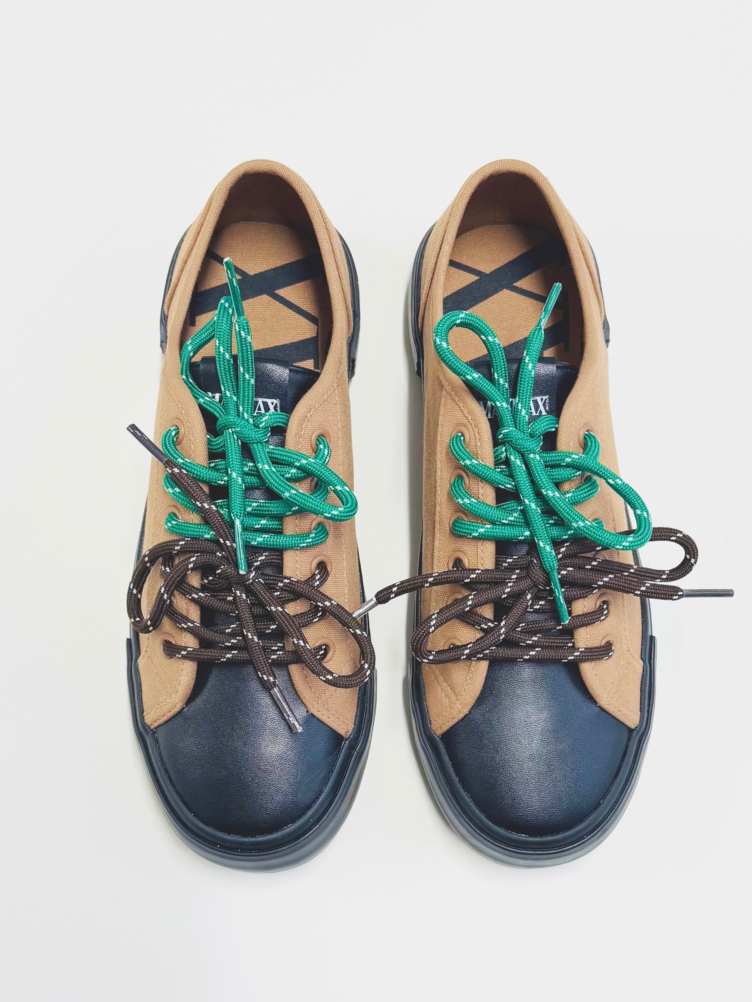 Top view of MayMax Contrast Lace Platform Sneaker showing dual green and brown laces