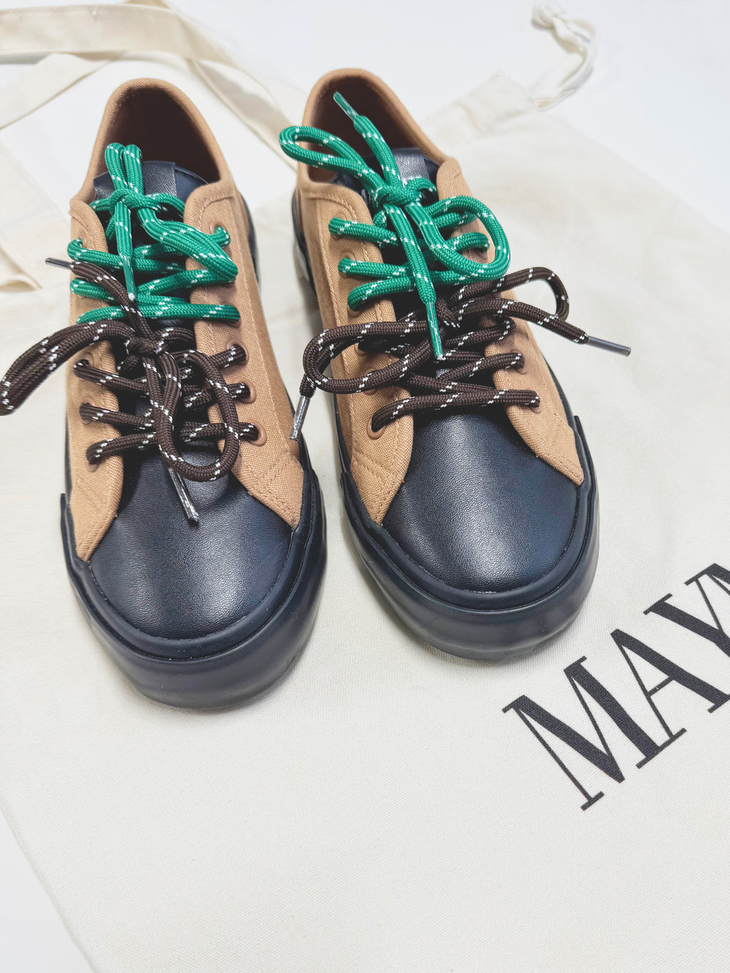 MayMax Contrast Lace Platform Sneaker in tan and black with green and brown contrast laces