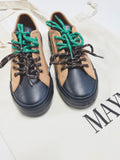 MayMax Contrast Lace Platform Sneaker in tan and black with green and brown contrast laces