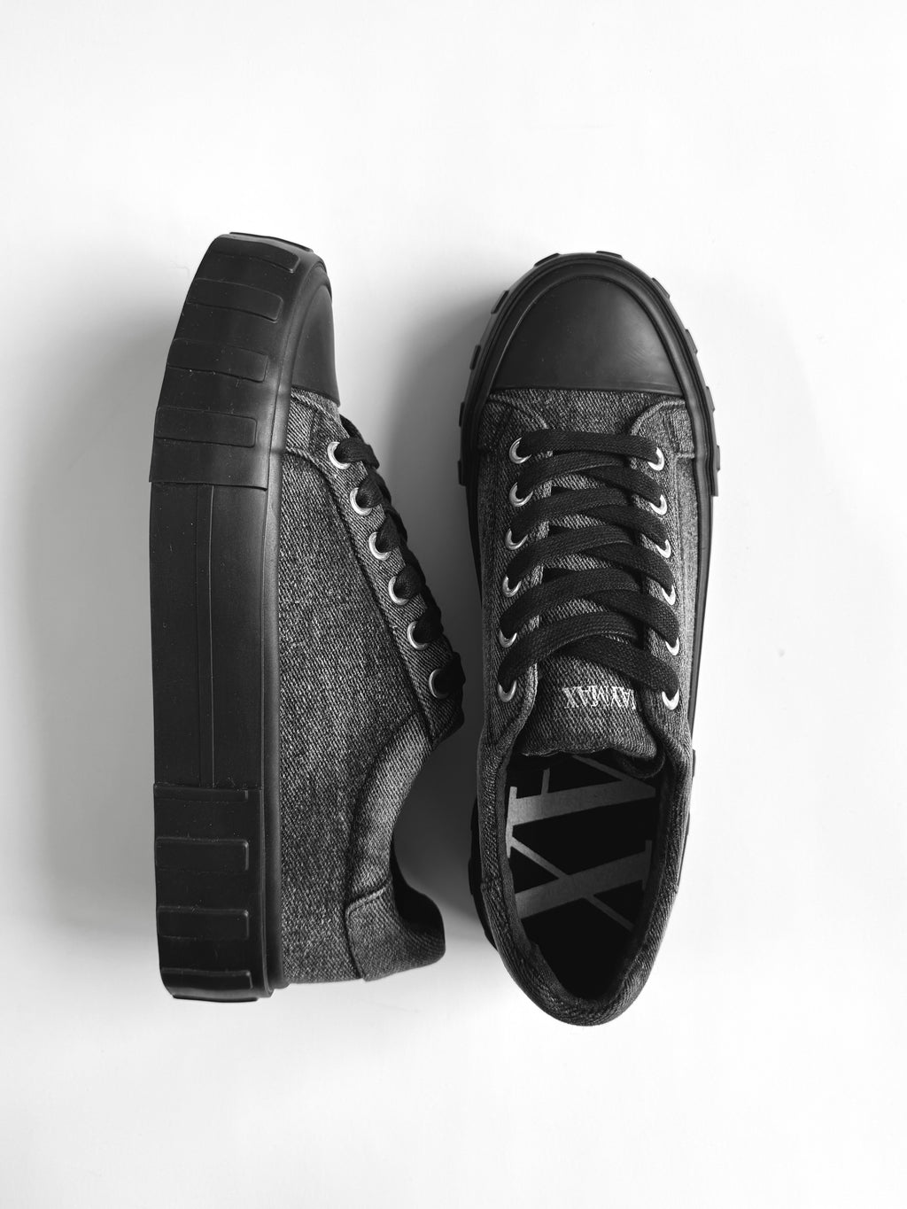 Side view of MayMax Black Denim Sneaker with rubber sole