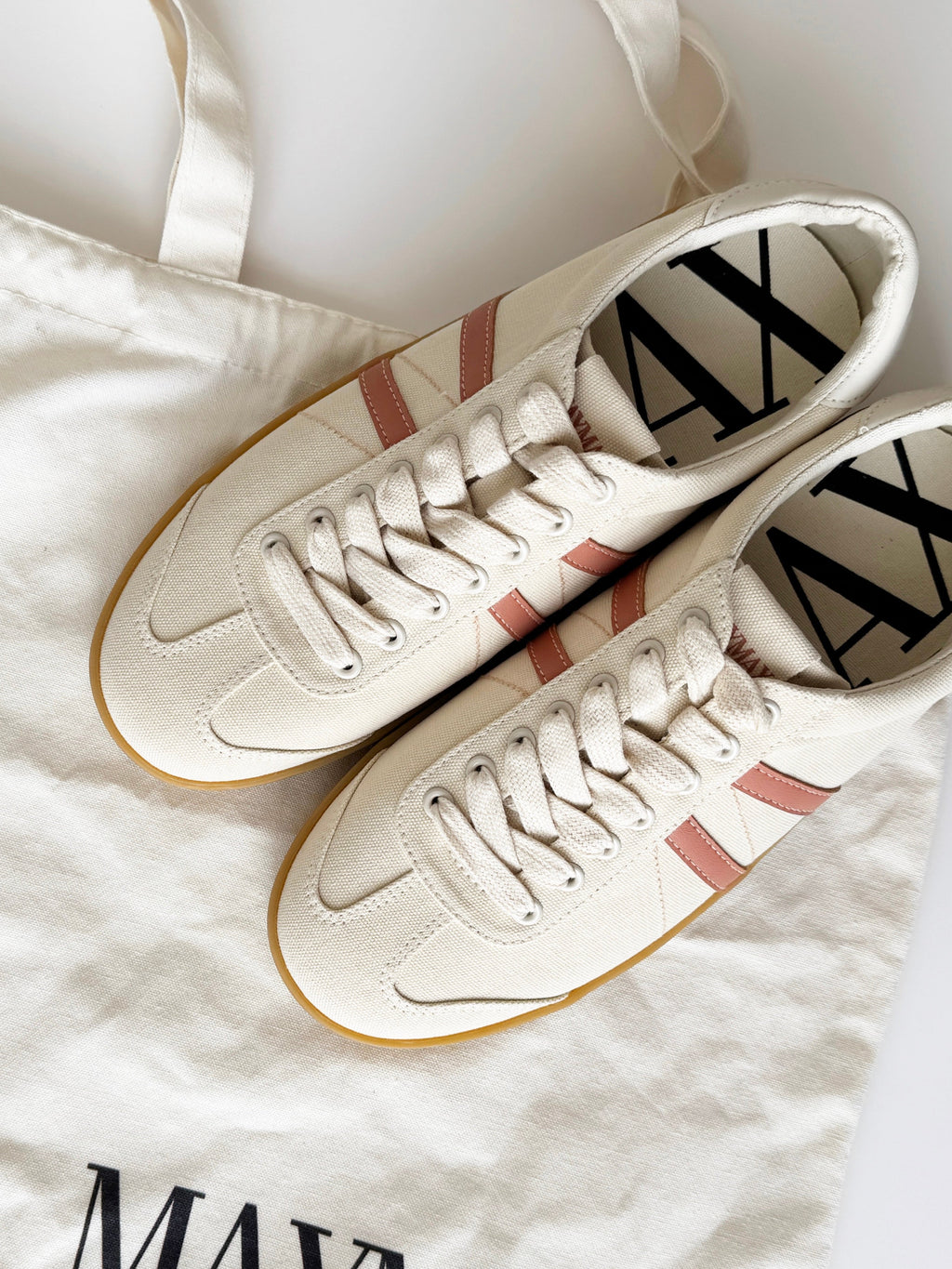 MayMax Minimalist Retro Sneaker in cream with pink stripes and gum sole — women's low-profile retro sneaker
