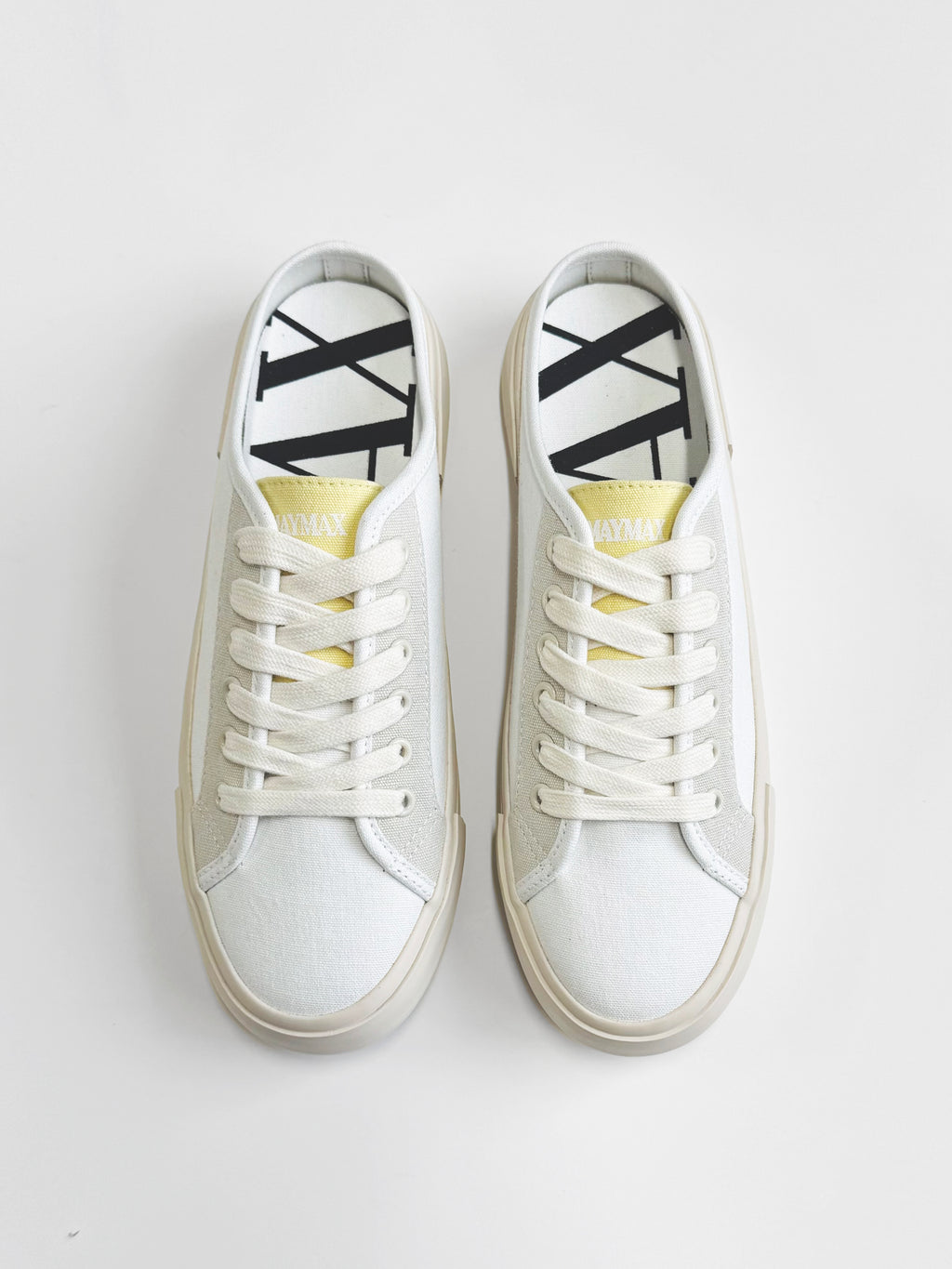 Top view of MayMax White Canvas Mule Sneaker showing slip-on design