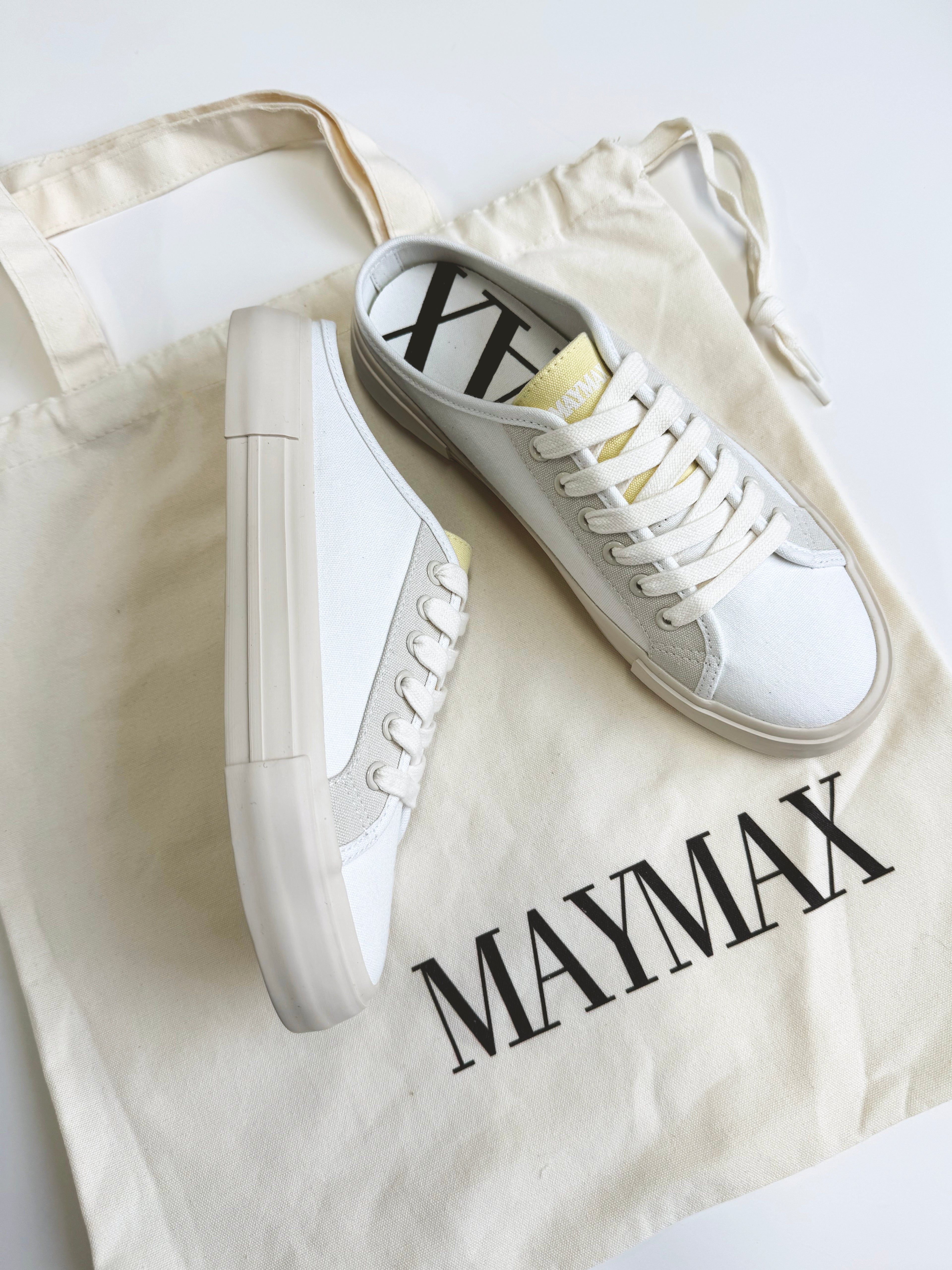 MayMax White Canvas Mule Sneaker — white slip-on backless women's canvas sneaker