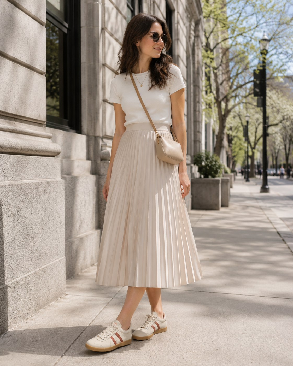 Woman wearing MayMax Minimalist Retro Sneaker with a pleated midi skirt