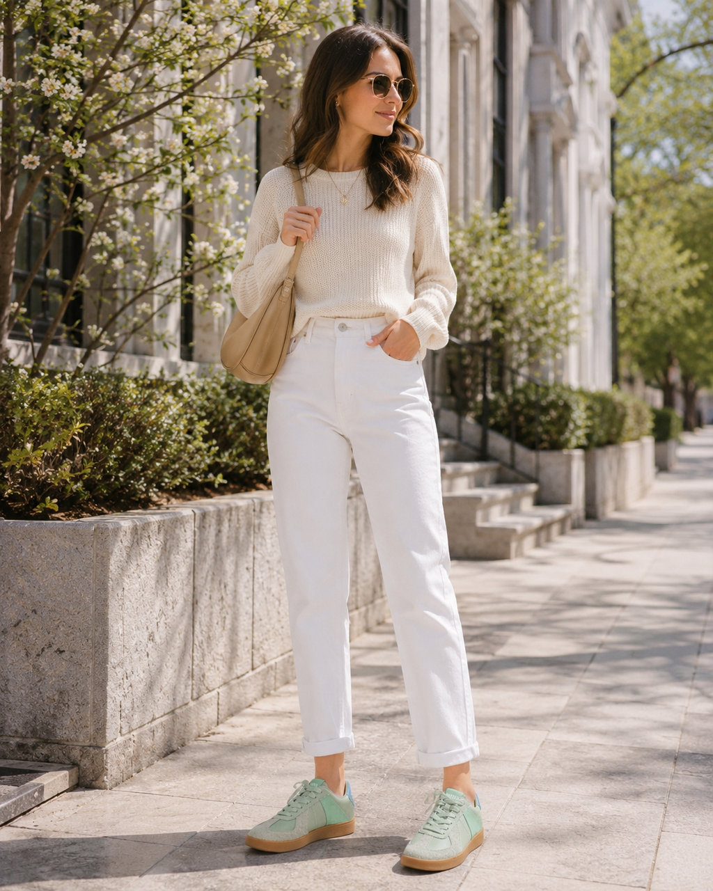 Woman wearing MayMax Mint Retro Sneaker with white jeans and a cream sweater
