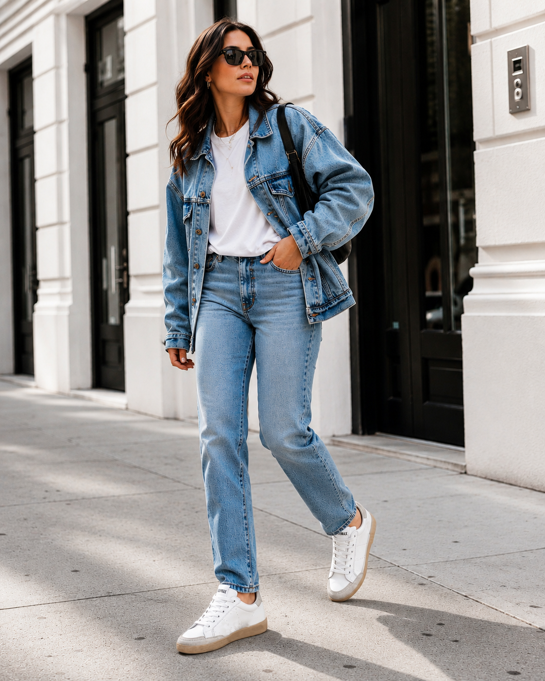 Woman wearing MayMax Distressed White Sneaker with straight-leg jeans and a white tee