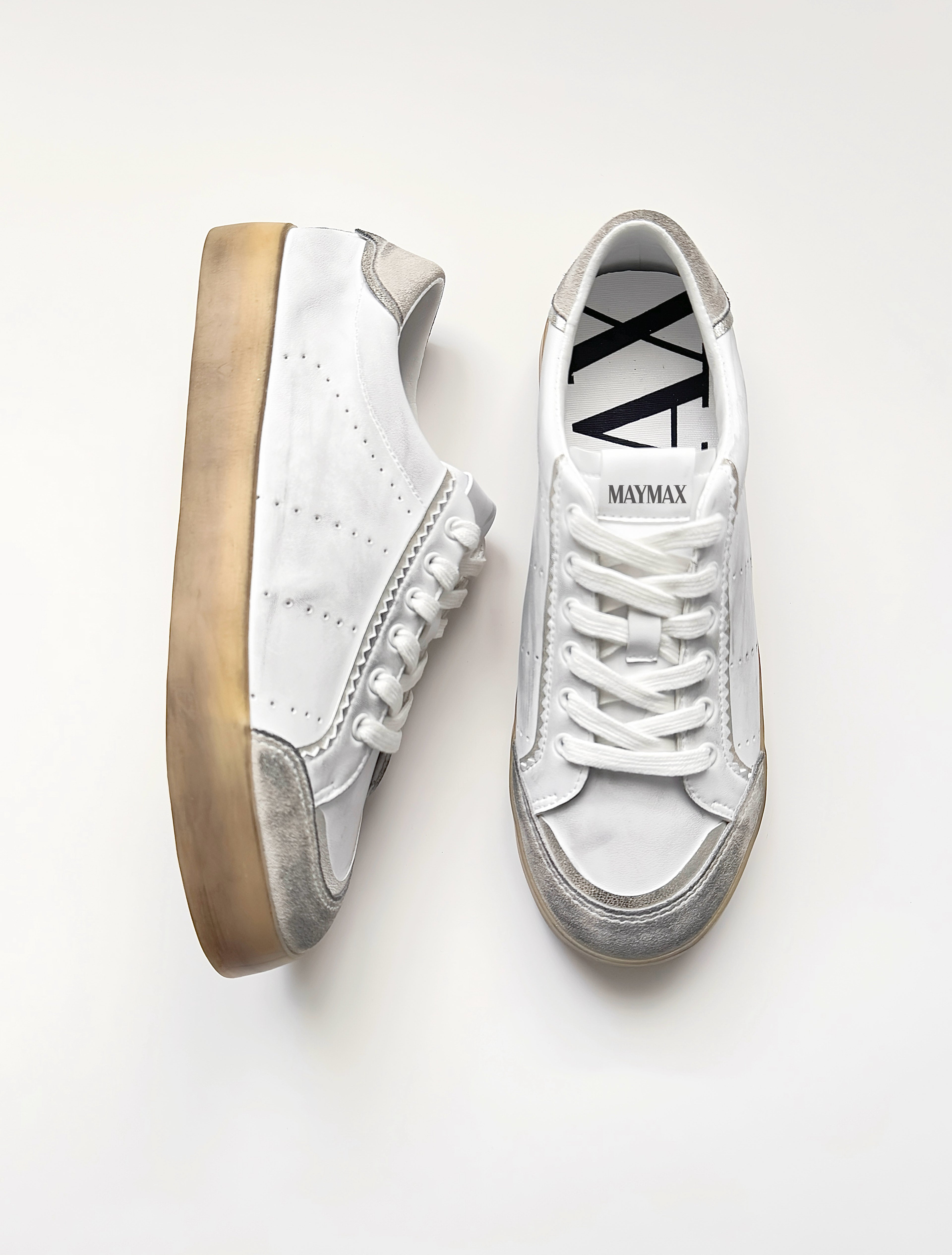 Side view of MayMax Distressed White Sneaker with gum rubber sole