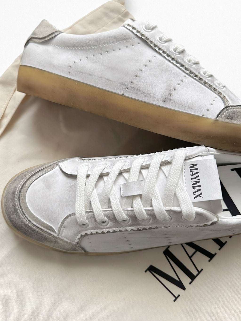 MayMax Distressed White Sneaker pair — pre-distressed women's casual sneakers