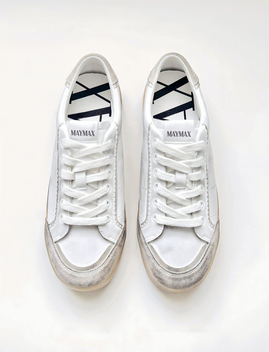 Top view of MayMax Distressed White Sneaker showing pre-distressed white finish