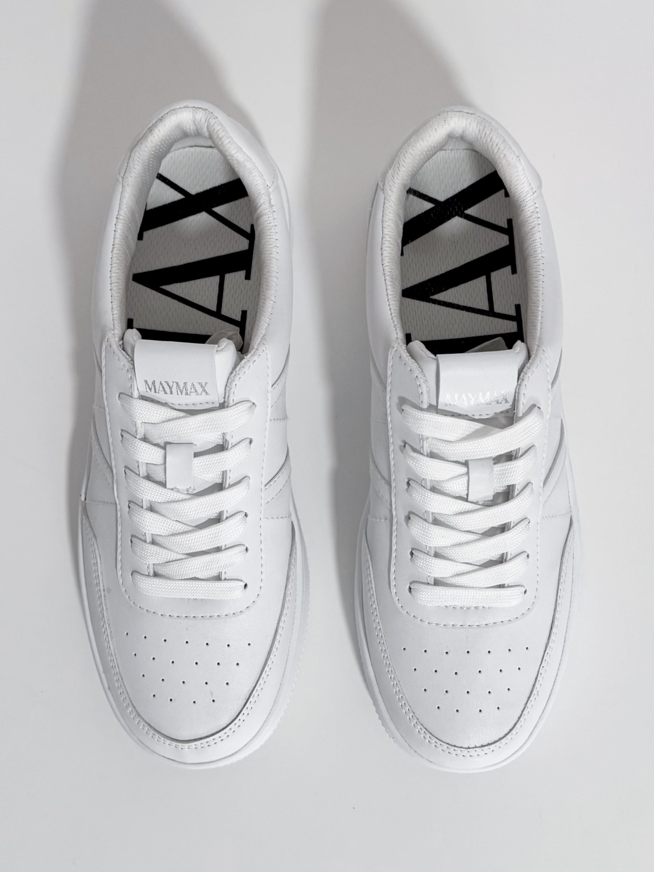 Top view of MayMax Essential White Sneaker showing minimalist white design