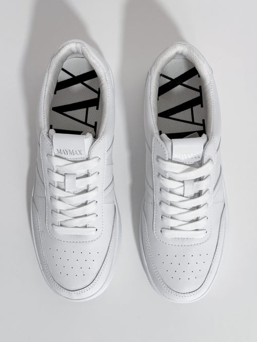 Top view of MayMax Essential White Sneaker showing minimalist white design