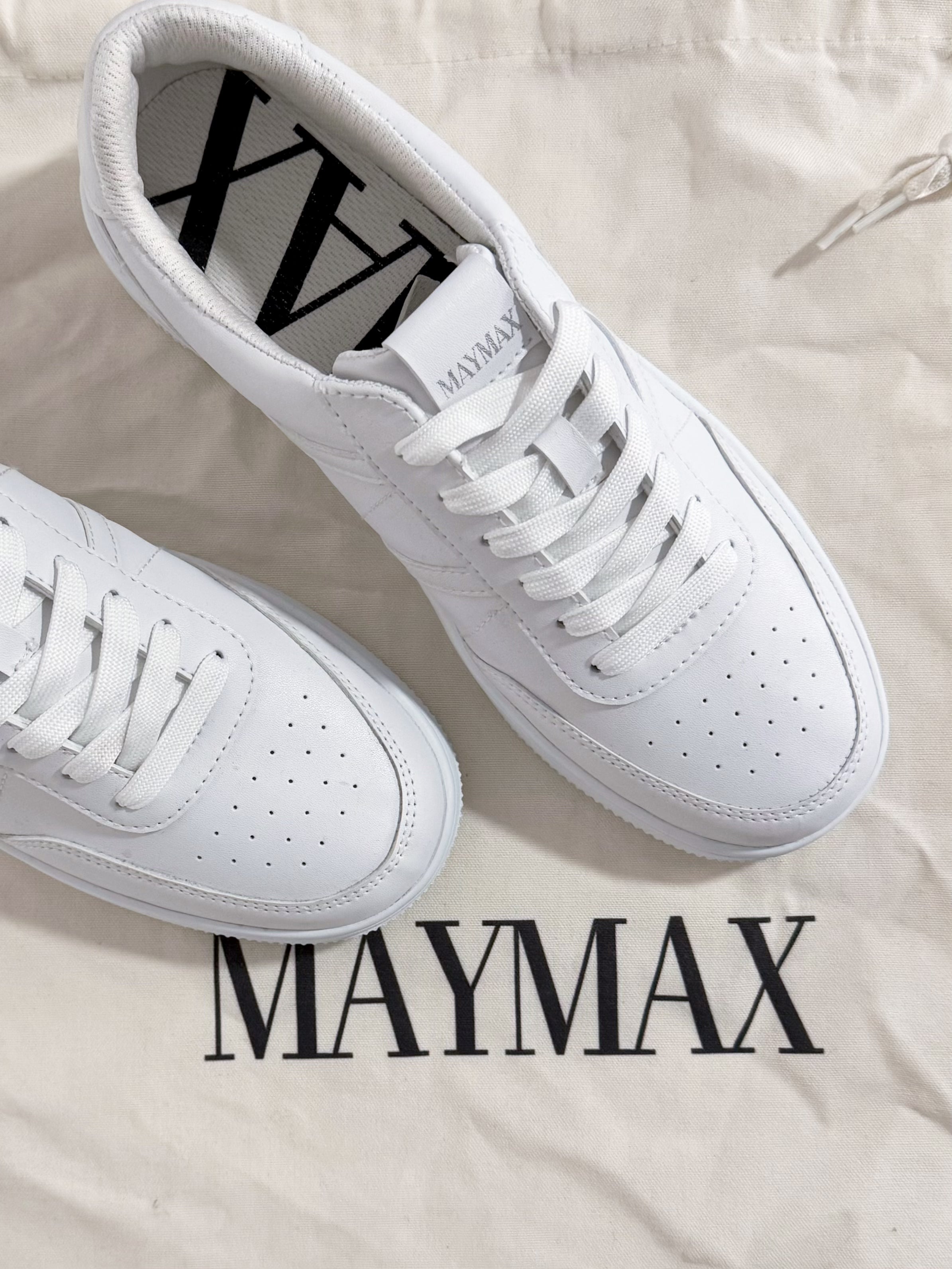 MayMax Essential White Sneaker — clean all-white women's lace-up sneaker in microfiber leather