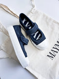 MayMax Washed Denim Mary Jane Sneaker in blue denim with white sole and Mary Jane strap