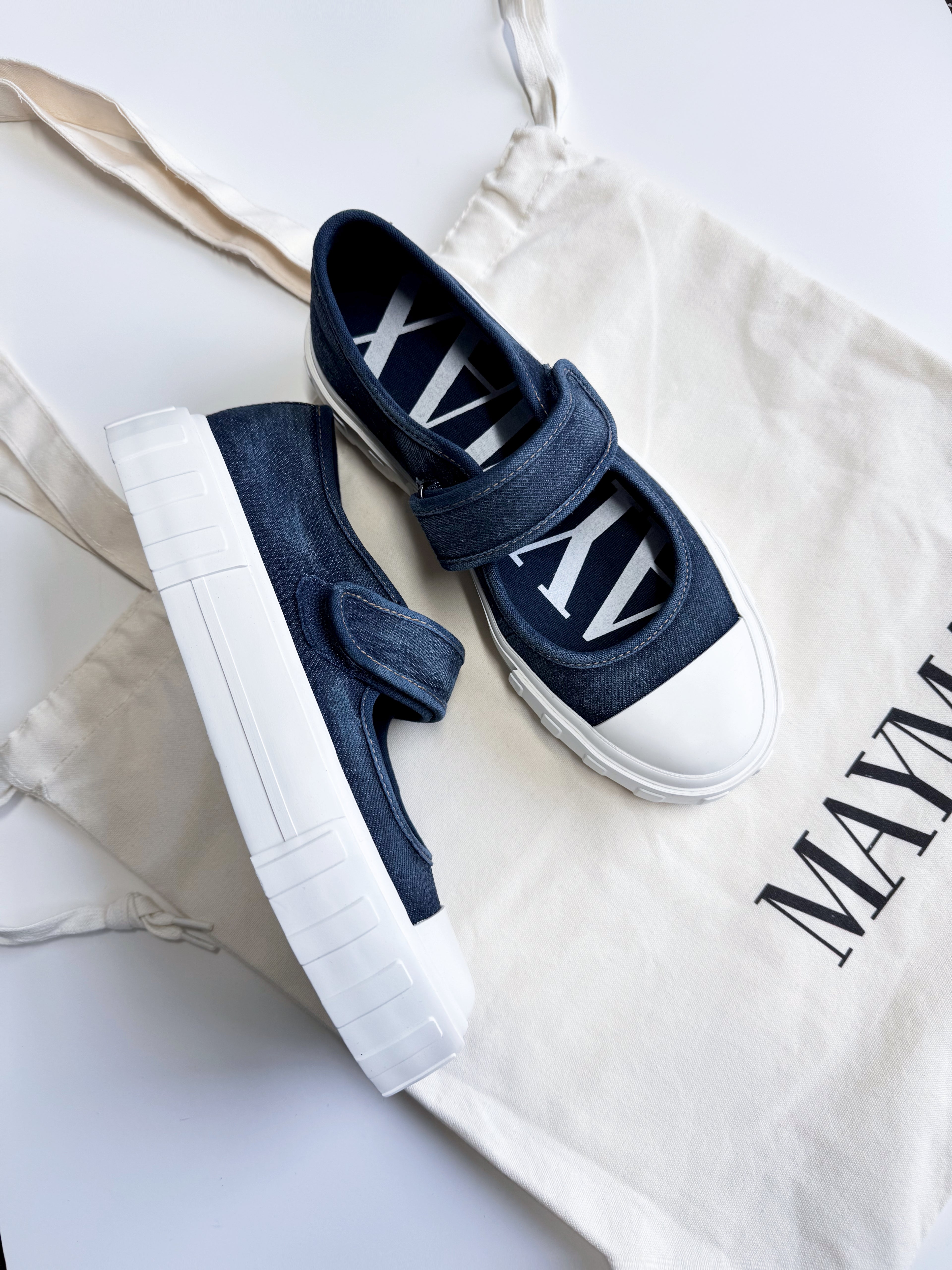 MayMax Washed Denim Mary Jane Sneaker in blue denim with white sole and Mary Jane strap