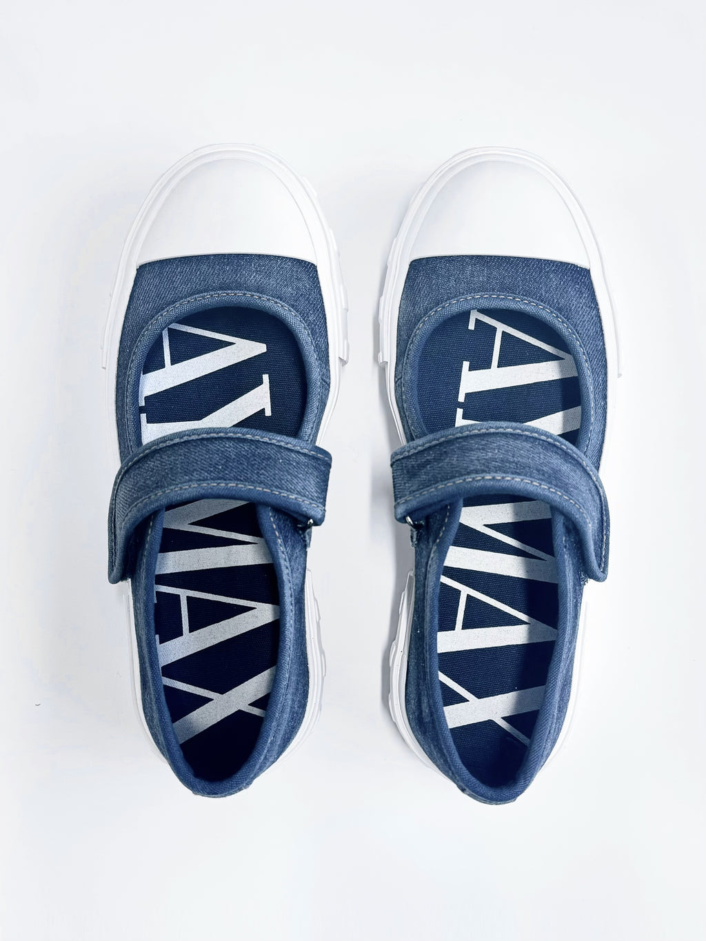 Top view of MayMax Washed Denim Mary Jane Sneaker showing the Mary Jane strap