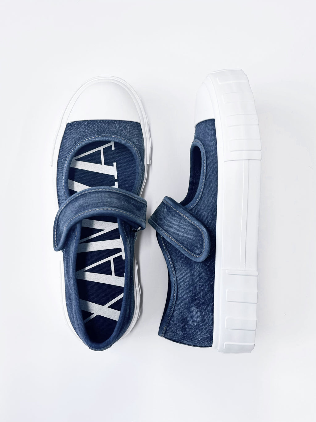 Side view of MayMax Washed Denim Mary Jane Sneaker with fresh white sole