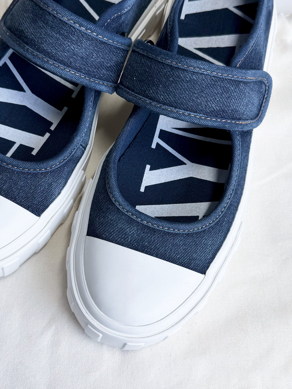Close-up of MayMax Washed Denim Mary Jane Sneaker strap detail
