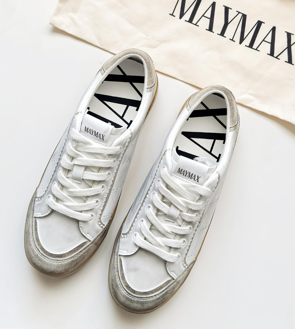 MayMax Distressed White Sneaker in white with grey suede and gum sole — lived-in women's sneaker